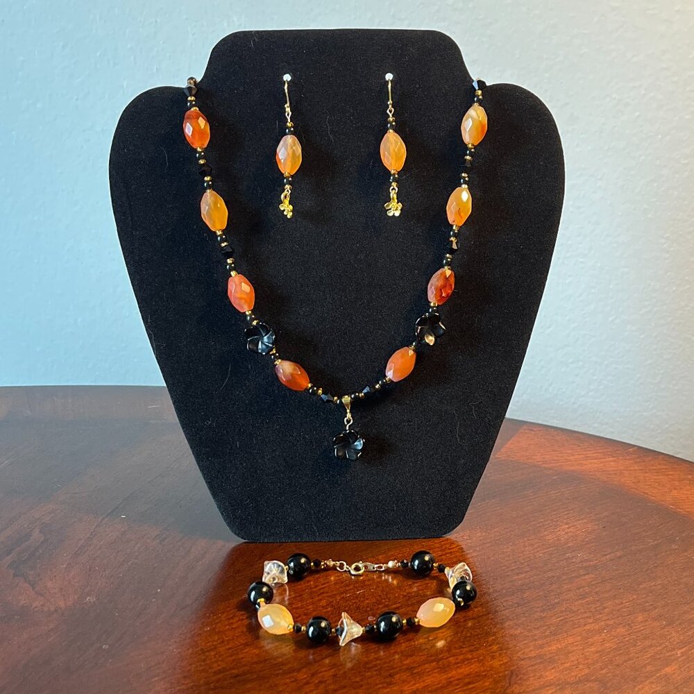 Handmade Black and Orange Beaded Jewelry Set